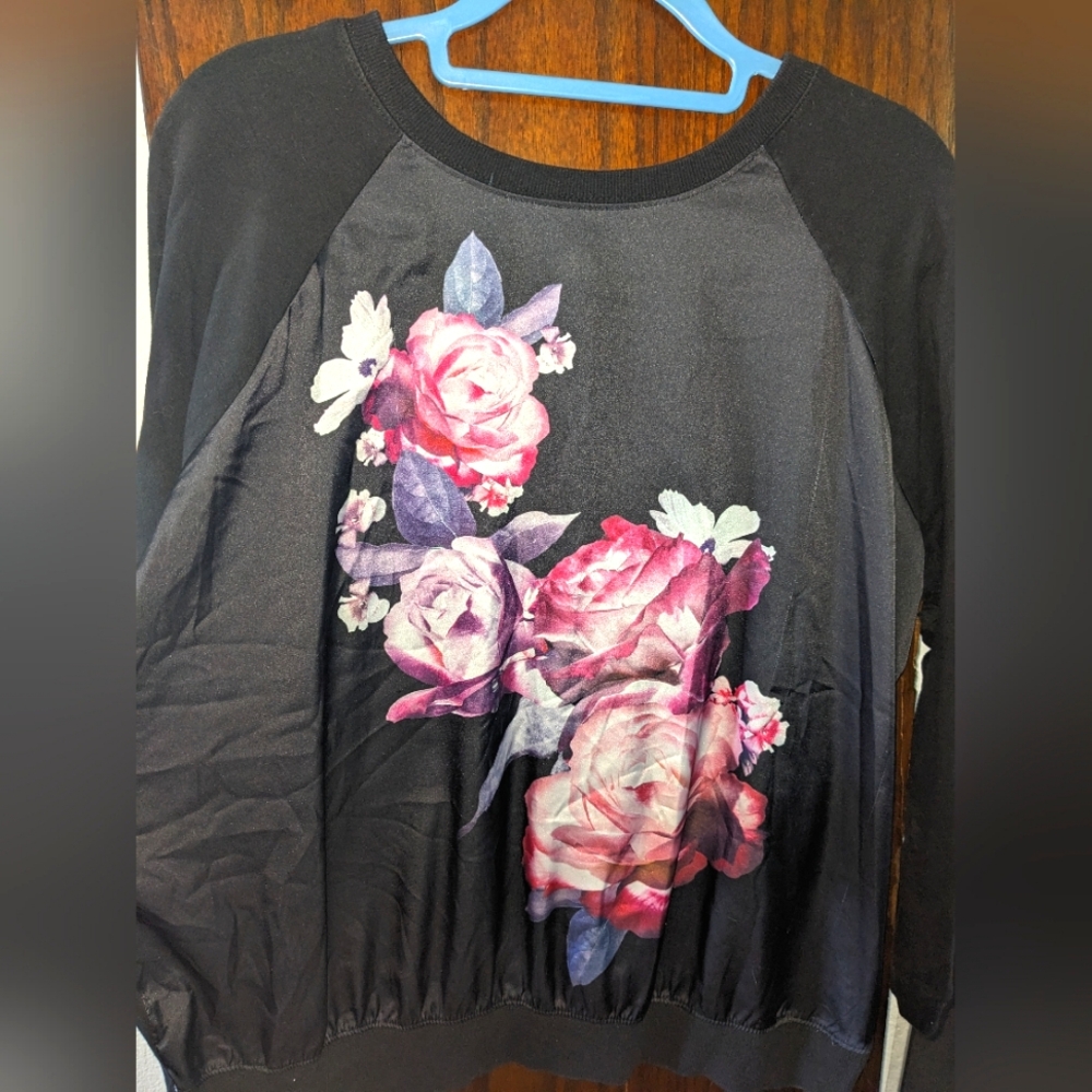 Torrid Black Sweater with Pink & Purple Flowers